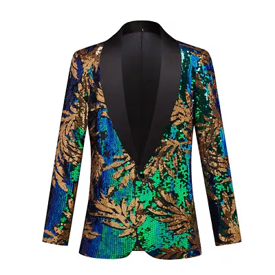 Mens Floral Slim Fit Short Jacket One Button Sequin Coat DJ Formal Dress Blazers • $70.57