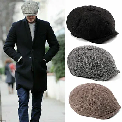 Mens Baker Boy Hat Peaky Blinders Herringbone Tweed Wool Newsboy Gatsby Flat Cap • £7.18