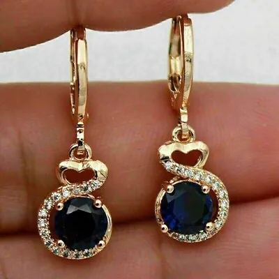 2 Ct Round Cut Lab Created Blue Sapphire Dangle Earring 14k Yellow Gold Plated • $113.29