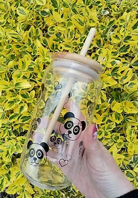 £11.99 • Buy Personalised Glass Can Coke Cup Hot/Cold Drink With Bamboo Lid/Straw Panda