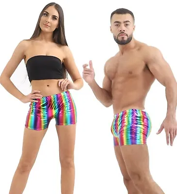 Unisex 80s Shiny Metallic Rainbow GAY PRIDE LGBTQA Festival Dress HOT PANTS • £5.69