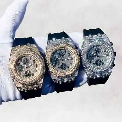 Hip Hop Iced Silicone Band Luxury Simulated Diamond Bling Octagon Bezel Watch • $27.99