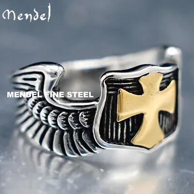 MENDEL Mens Gold Plated Biker St Saint Michael Angel Wings Cross Ring Size 7-15 • $12.99