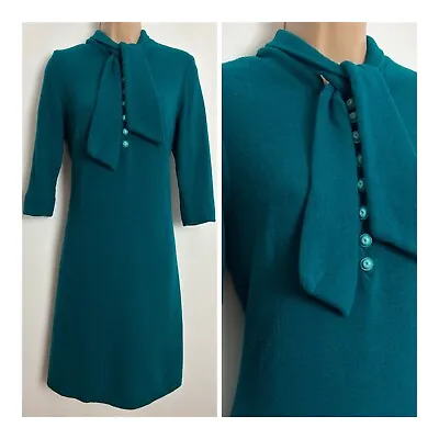 £9.99 • Buy Vintage 60s Teal Wool Scarf Tie Neck Long Sleeve Shift Mod Day Dress 12-14