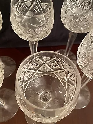 Vintage Bohemian Cut Crystal Wine Or Water Goblet Set Of 6 Drinking Glasses 8” T • $39.99