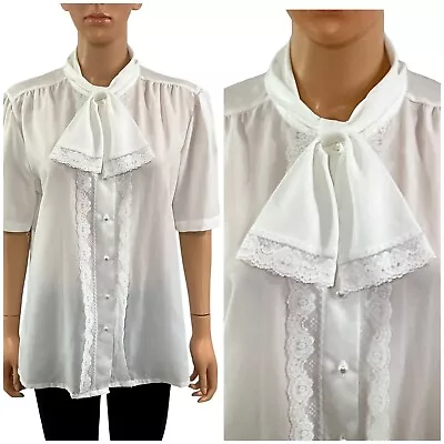 Vintage 80s White Top Ascot Lace Collar Button Front Short Sleeve Modest L • $16