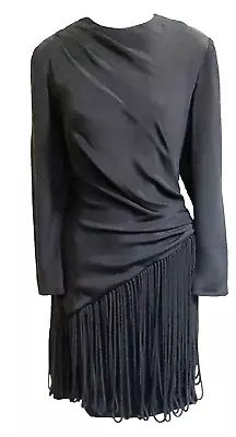 Vintage MIGNON Anne Marie Gabalis Silk Satin  Black Fringe  Dress Party~6 • $52.80