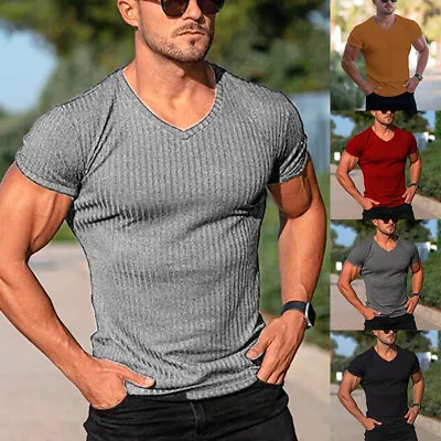 Men V Neck Short Sleeve Tops T-shirt Slim Fit Stretch Sport Gym Muscle Tee Tunic • $13.38