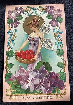 Vintage Embossed Valentine’s Day Postcard Of Fairy Pixie In Purple Art Nouveau ￼ • $2.90