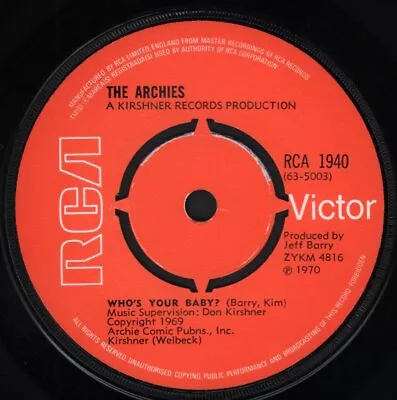 Archies Who's Your Baby 7  Vinyl UK Rca 1970 Four Prong Label Design RCA1940 • £4.56