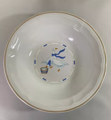 Newcor Stoneware Countryside Serving Bowl White Blue Geese Duck 1987 Vintage • $9