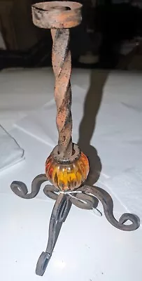 Vintage Iron Candle Holder With Orange Glass Decorative • $19.99