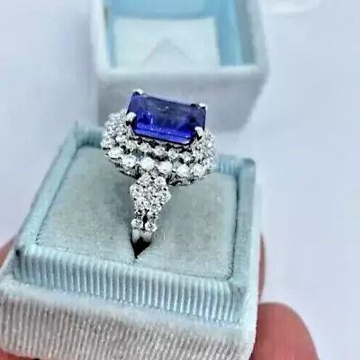 Lab-Created Tanzanite 3Ct Emerald Cut Halo Engagement Ring 14K White Gold Plated • $130