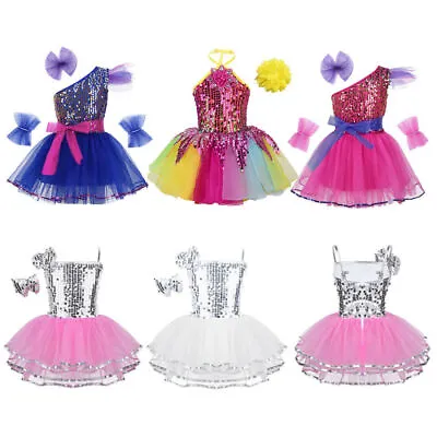 Girls Jazz Dance Dress Kids Sequins Ballet Leotard Dancewear Tutu Skirt Costume • £11.50