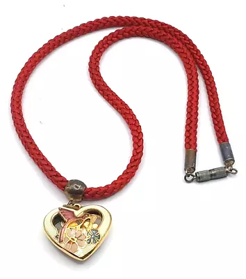 Vintage Cloisonne 1980's Red Gold Cream Double-Sided Guilloche Heart  Necklace • $16.38