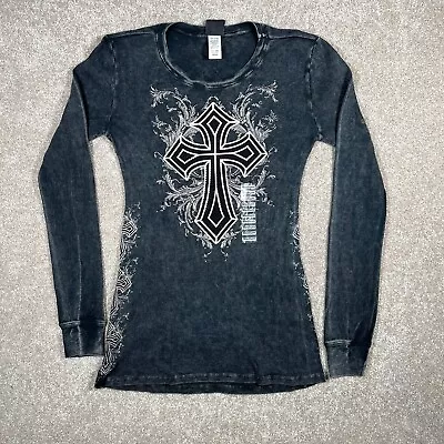 Y2K Women's Thermal Cross Le Fleur Sz Medium Long Sleeve Shirt USA Grunge • $22.96