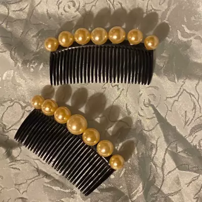 Pair Of Vintage Hair Combs Black With Pearl Beads Party Formal Bridal • $19.99