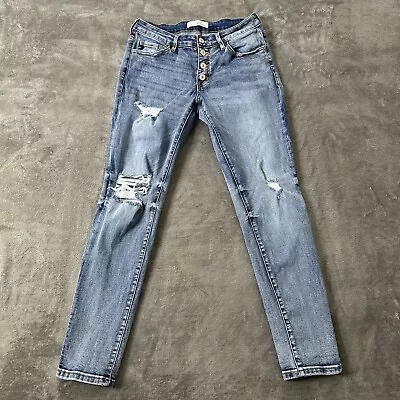 KanCan L Jeans Women's 5/26 Distressed Blue Denim Button Fly Medium Wash Skinny • $19.95