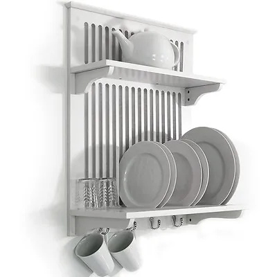 Wall Mounted White Kitchen Plate Rack  Dryer With Cup Hooks  White WD1873 • £59.99