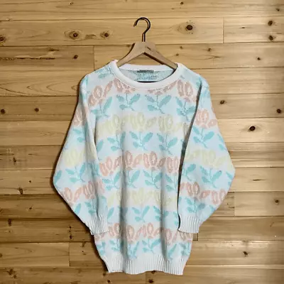 Vintage Justin Allen Size Medium Floral Print Pastel Sweater 80s 90s • $48