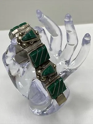 Vintage Mexican Bracelet Green Jade Mexico Sterling Silver Aztec Mayan 7 X1” • $72.50