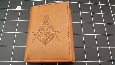 Genuine Leather  Masonic Freemason Embossed Square Compass  TRI-FOLD WALLET TAN • $29.95