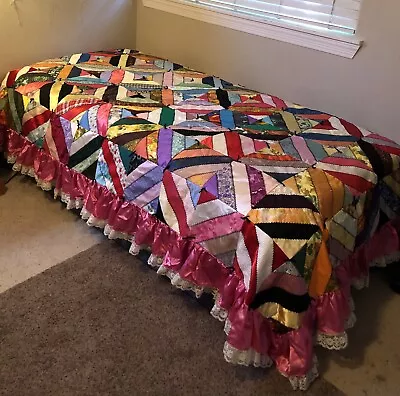 Vintage Crazy Quilt Bedspread Satin Twin W/Drop Ruffle Vibrant Colors Hand Made • $99.99