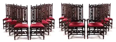 Antique Chairs Dining Eight  Carved Oak In Jacobean Red Circa 1900s!! • $1314.87