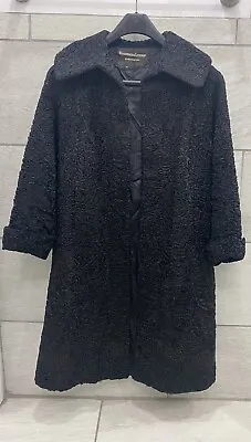 Vtg 50s Woodward & Lothrop Womens XL Persian Black Curly Lambs Wool Coat Leather • $70