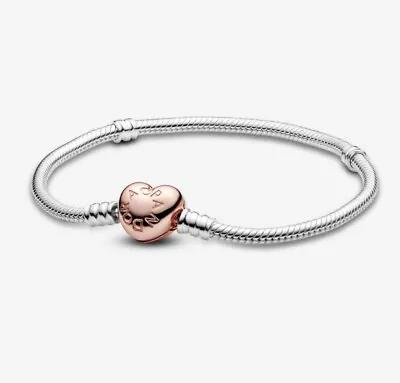 PANDORA Moments Heart Clasp Snake Chain Bracelet Silver / Rose Gold 20cm • £34.99