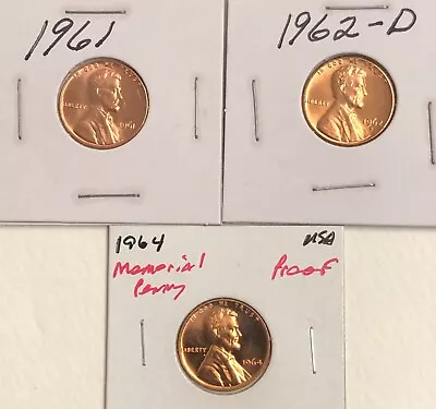 3-LOT  1962-D/D Lincoln Memorial Cent DDO  Double Die Unc +64 Proof-61 UNC  • $3