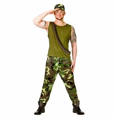 NEW Army Guy Men's XL Soldier Uniform Fancy Dress Costume Vest Trousers & Cap • £20.99