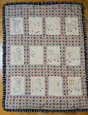 Vintage Hand Embroidered Baby Quilt Blocks Pig Lamb Kitten Puppy Squirrel Cow • $24.95