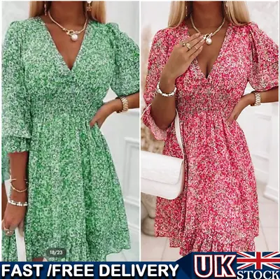 Womens Summer Dress Ladies V Neck Floral Short Sleeve Holiday Mini Sundress UK • £13.99