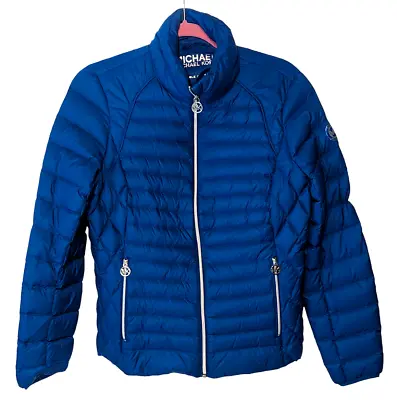Michael Kors Down Puffer Jacket Coat Blue Silver Accents Full Zip Logo Pockets M • $24.95