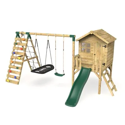 £1049.95 • Buy Rebo Orchard 4FT Wooden Playhouse + Swings, Rock Wall, Deck & 6FT Slide – Sage G