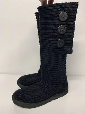 Ugg Classic Cardy Womens Size 7 Black Wool Knit Triple Button Tall Boots 5819 • $20