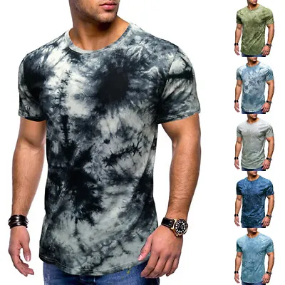 £12.95 • Buy Mens Short Sleeve Tie Dye T Shirt Tops Casual Slim Fit Crew Neck Summer Tunic UK
