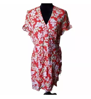 J Jill Red Floral Ruffle Wrap Womens Latge Dress NWT • $21