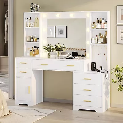 Large Vanity Desk With Lighted Mirror & Power Outlet White Makeup Vanity Table • $239.97