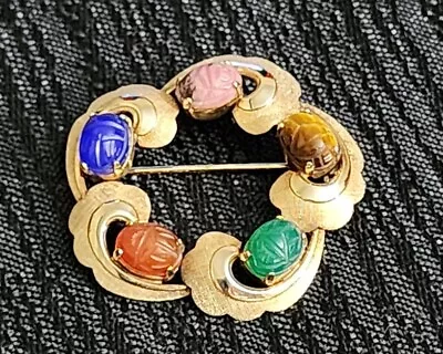 Fabulous Vintage Van Dell 12K Gold Filled Gemstone Carved Scarab Brooch • $29.99