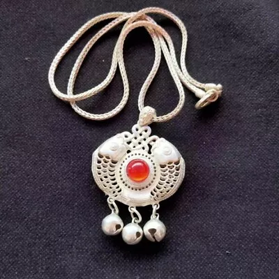 Chinese Miao Silver Pure Hand Inlaid Ruby Pisces Necklace • $21.86