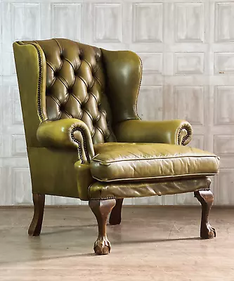 SUPERB Green Leather Chesterfield Wingback Chair Ball & Claw #68 *FREE DELIVERY* • £395