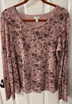 J Jill Top Women's Size Large Pink Floral Long Sleeve Pullover Stretch Lace Top • $16