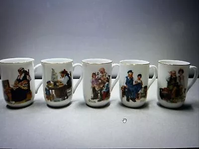 Norman Rockwell Museum Coffee Mugs Cups White / Gold Trim Set Of 5 Vintage 1985 • $19.99