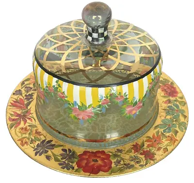 MacKenzie Childs Striped Awning Glass Cake Dome And Cake Plate 14  Flaw • $324.48