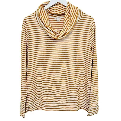 J Crew Sparkling Stripe Sweatshirt Womens L Cowl Neck Lightweight Yellow Pockets • $26.97