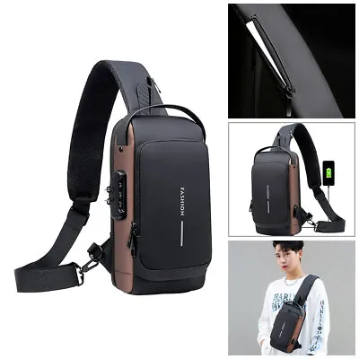Men's Crossbody Bag Shoulder Sling Bag Anti-theft Lock Chest Bag With USB Port • £11.21