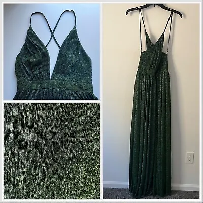 Meghan Los Angeles Green Metallic Flowy Deep V Neck Maxi Dress Small • $49