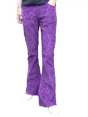 FLARES Purple Paisley Mens Bell Bottoms Corduroy Pants Vtg Hippie Trousers 60's • £36.99